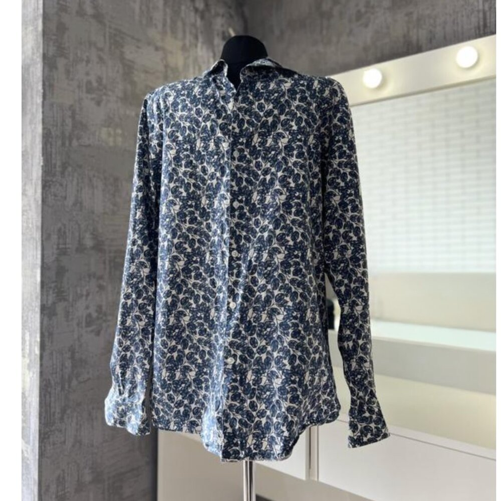 Zara Man Blue White Floral Button Down Shirt Size M Slim Fit Casual Dress Shirt